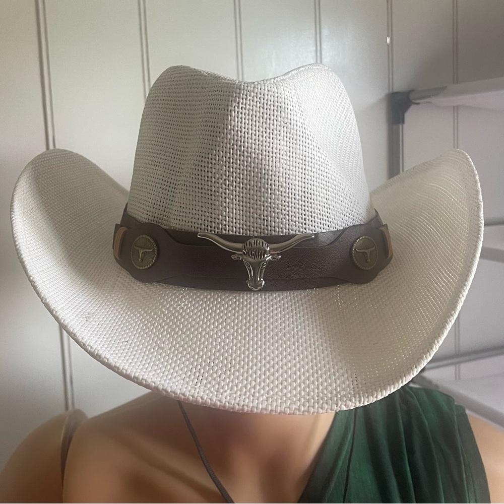 White Western Hat with Brown Band and Wide Brim